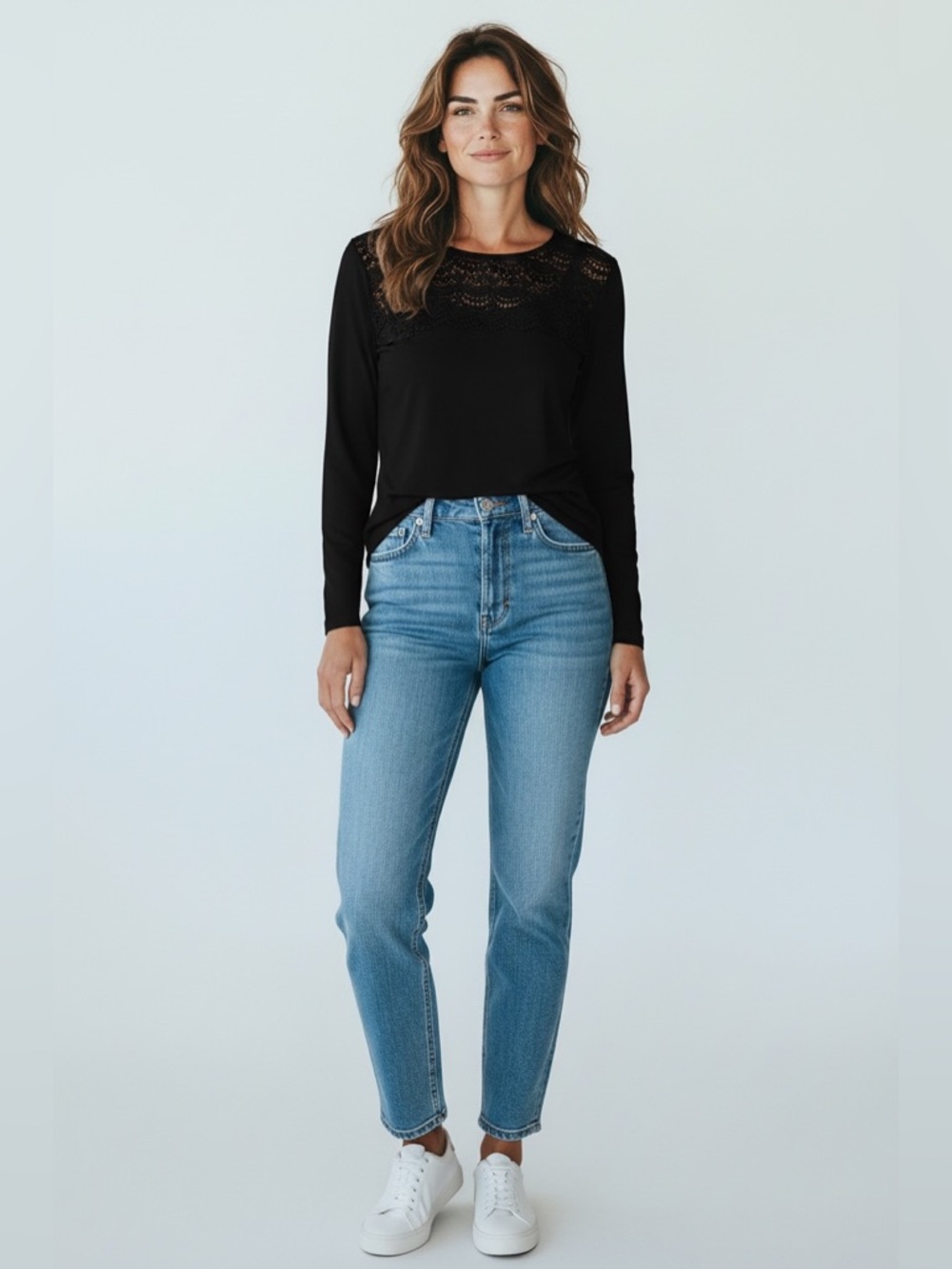 Market & Spruce Long Sleeve Crochet Detail Tee Black Size Large